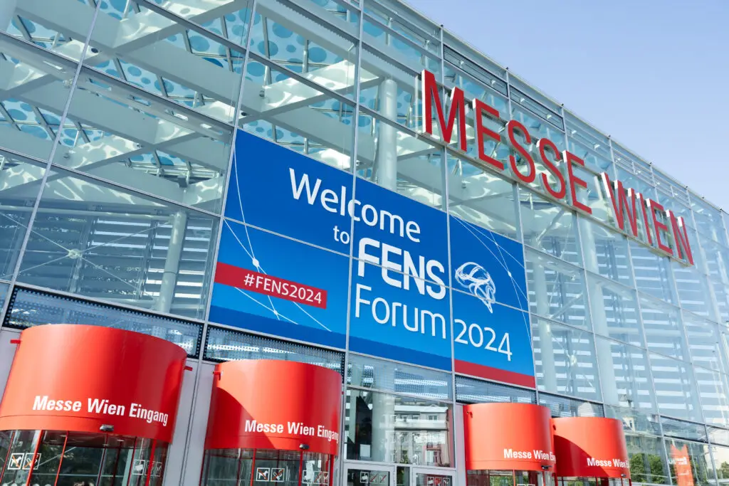 Front of the Messe Vienna venue with FENS Forum Banner